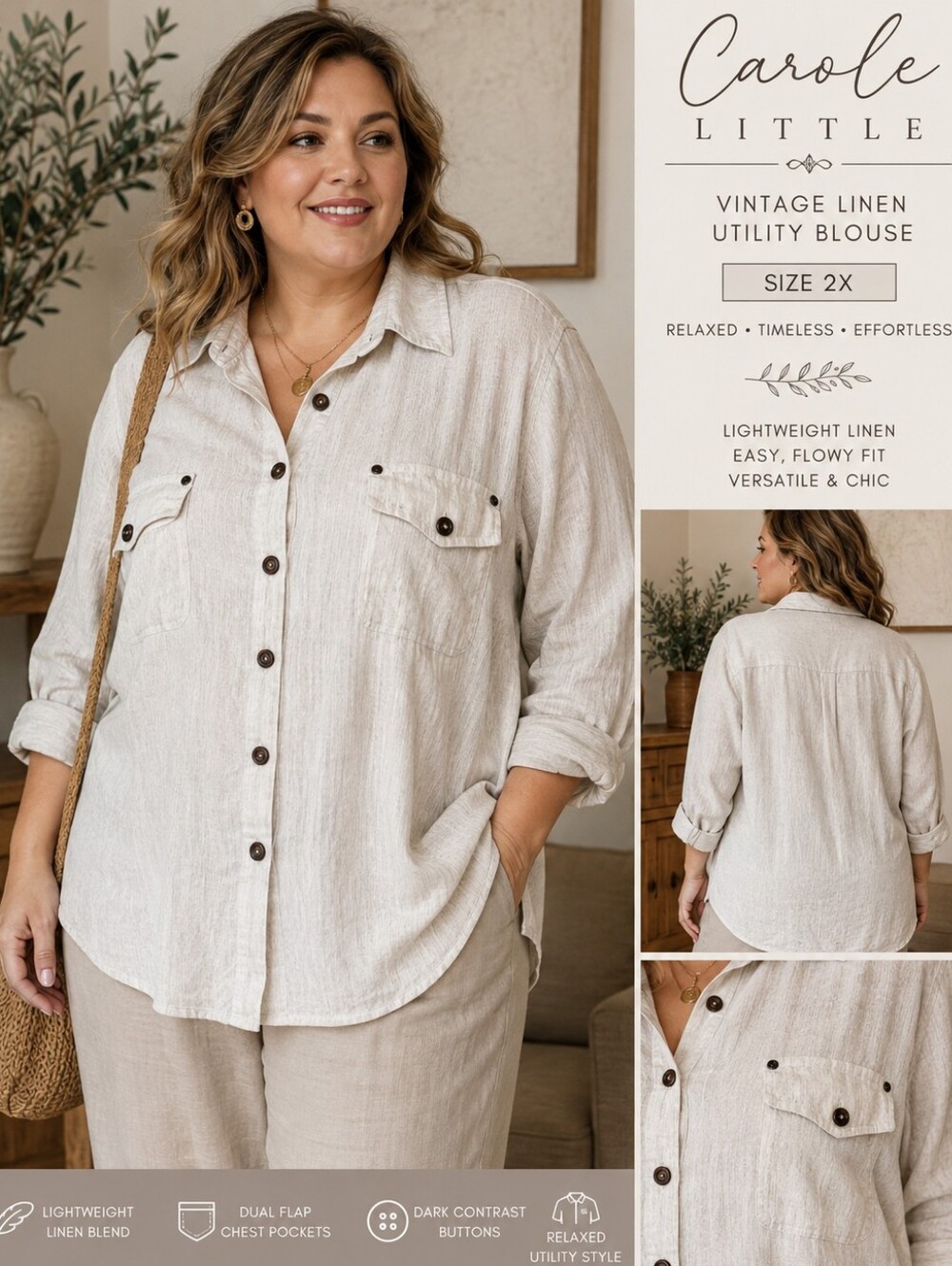 Vintage Carole Little 2X Linen Utility Button Front Shirt Blouse Neutral